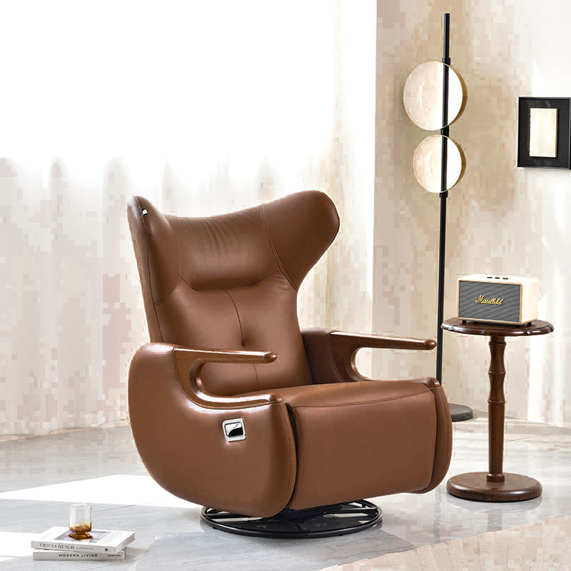 Retro Eco Leather & Solid Wood Metal Swivel Recliner Lounge Chair - Adjustable Rocking Accent Chair With Oak Armrests And Footrests
