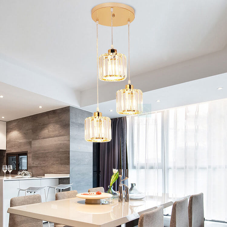 Modern Luxury Round Iron Crystal 3-Light Cylindrical Jar Chandelier For Living Room