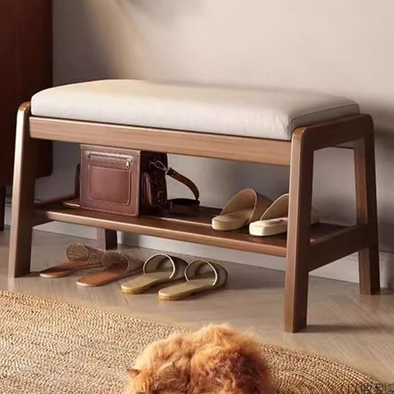 Contemporary Scandinavian Tech Fabric Pine Wood Rectangular Shoe Bench With 1 Shelf For Entryways