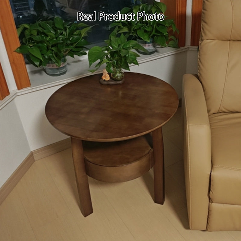 Modern Minimalist Solid Rubberwood & Plywood Round Side Table With Drawer & 2-Tier Storage For Living Room & Bedroom