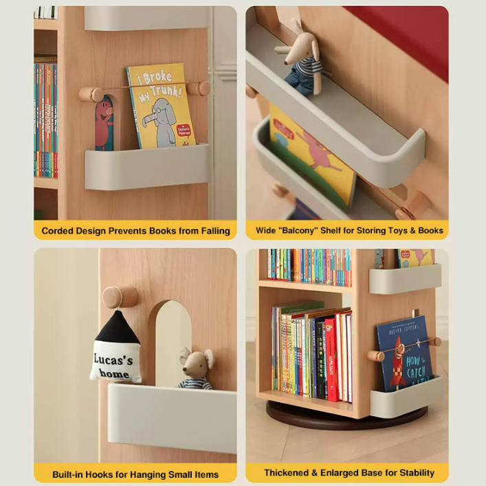 Solid Beech Wood Rotating Kids Bookshelf - Nordic Book Display Shelf With 360° Access And Multi-Level Storage For Books & Toys For Living Room