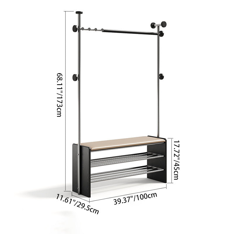 Contemporary Retro Rubberwood & Stainless Steel Faux Leather Rectangular Coat Rack Shoe Bench Entryway Storage With Hooks Multifunction Hallway Organizer