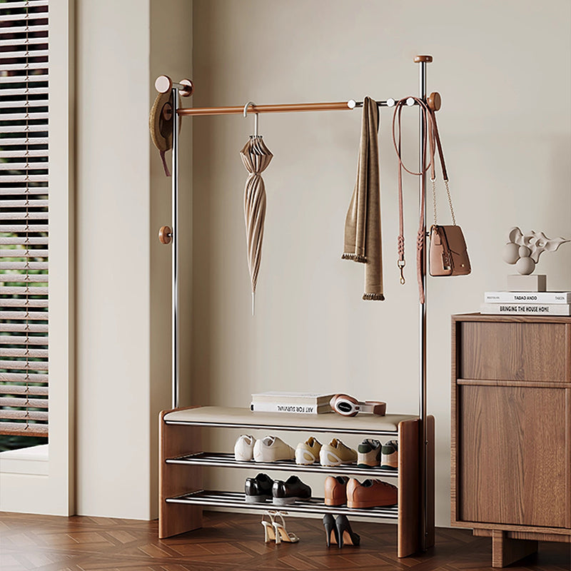 Contemporary Retro Rubberwood & Stainless Steel Faux Leather Rectangular Coat Rack Shoe Bench Entryway Storage With Hooks Multifunction Hallway Organizer