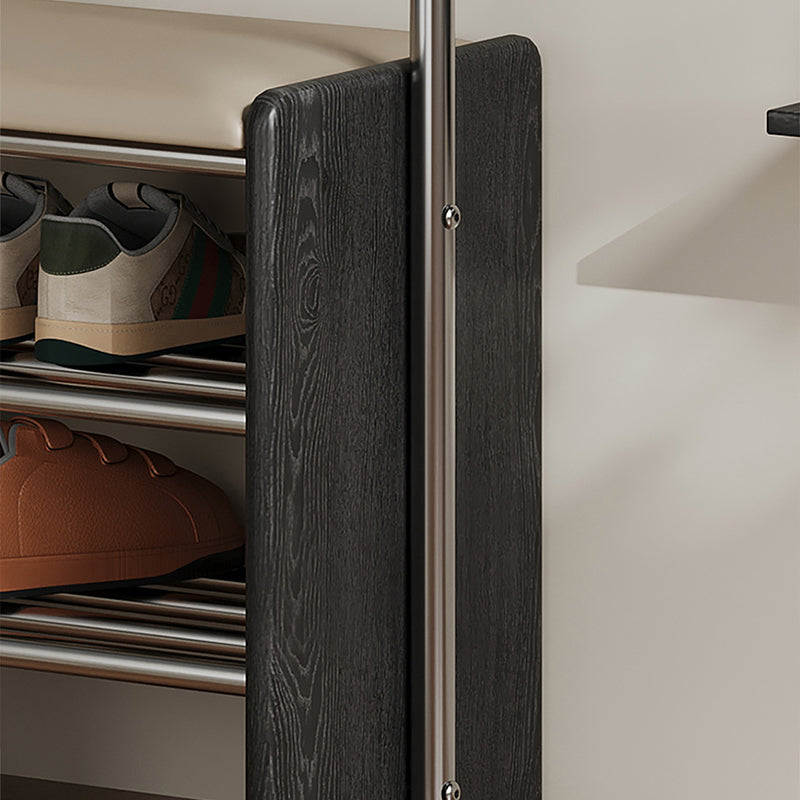 Contemporary Retro Rubberwood & Stainless Steel Faux Leather Rectangular Coat Rack Shoe Bench Entryway Storage With Hooks Multifunction Hallway Organizer