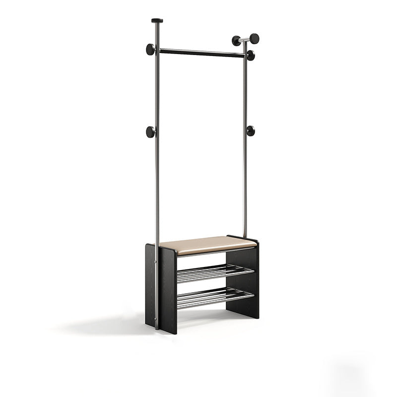 Contemporary Retro Rubberwood & Stainless Steel Faux Leather Rectangular Coat Rack Shoe Bench Entryway Storage With Hooks Multifunction Hallway Organizer