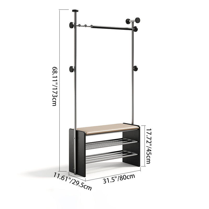 Contemporary Retro Rubberwood & Stainless Steel Faux Leather Rectangular Coat Rack Shoe Bench Entryway Storage With Hooks Multifunction Hallway Organizer