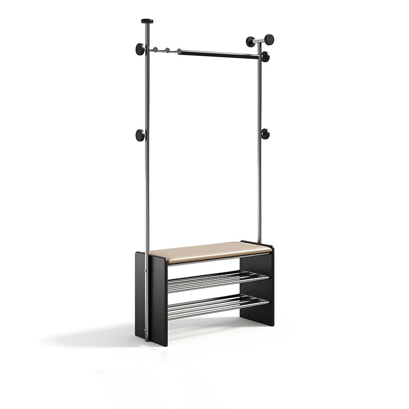 Contemporary Retro Rubberwood & Stainless Steel Faux Leather Rectangular Coat Rack Shoe Bench Entryway Storage With Hooks Multifunction Hallway Organizer
