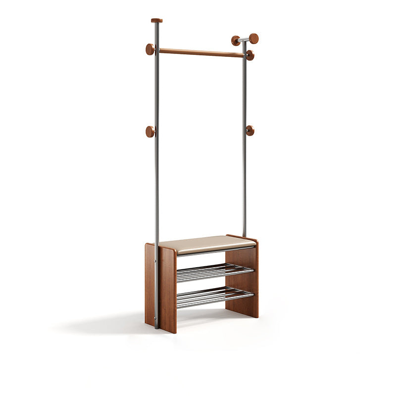 Contemporary Retro Rubberwood & Stainless Steel Faux Leather Rectangular Coat Rack Shoe Bench Entryway Storage With Hooks Multifunction Hallway Organizer