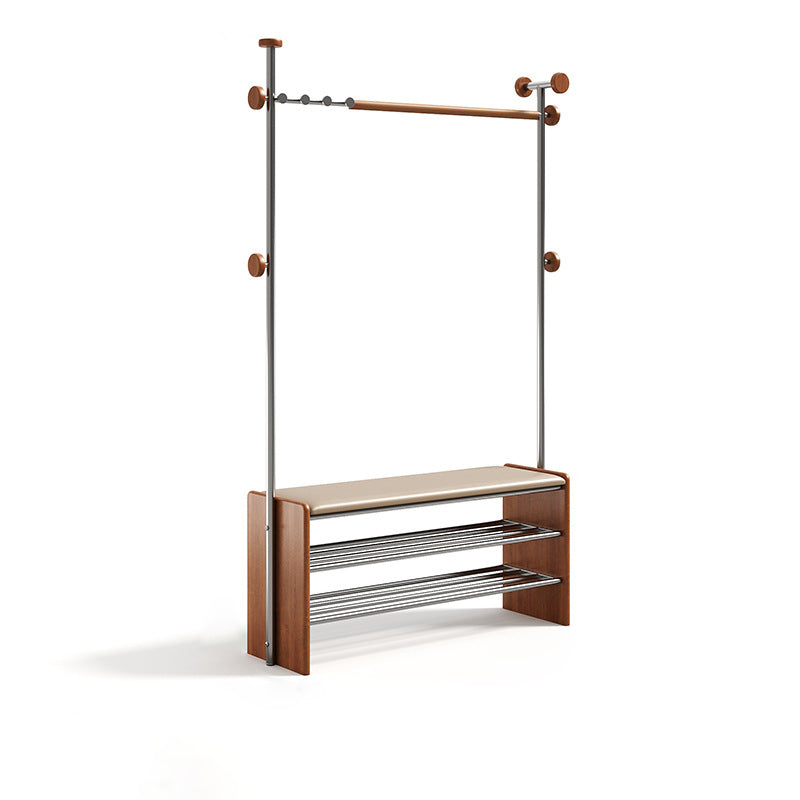 Contemporary Retro Rubberwood & Stainless Steel Faux Leather Rectangular Coat Rack Shoe Bench Entryway Storage With Hooks Multifunction Hallway Organizer