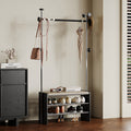 Contemporary Retro Rubberwood & Stainless Steel Faux Leather Rectangular Coat Rack Shoe Bench Entryway Storage With Hooks Multifunction Hallway Organizer