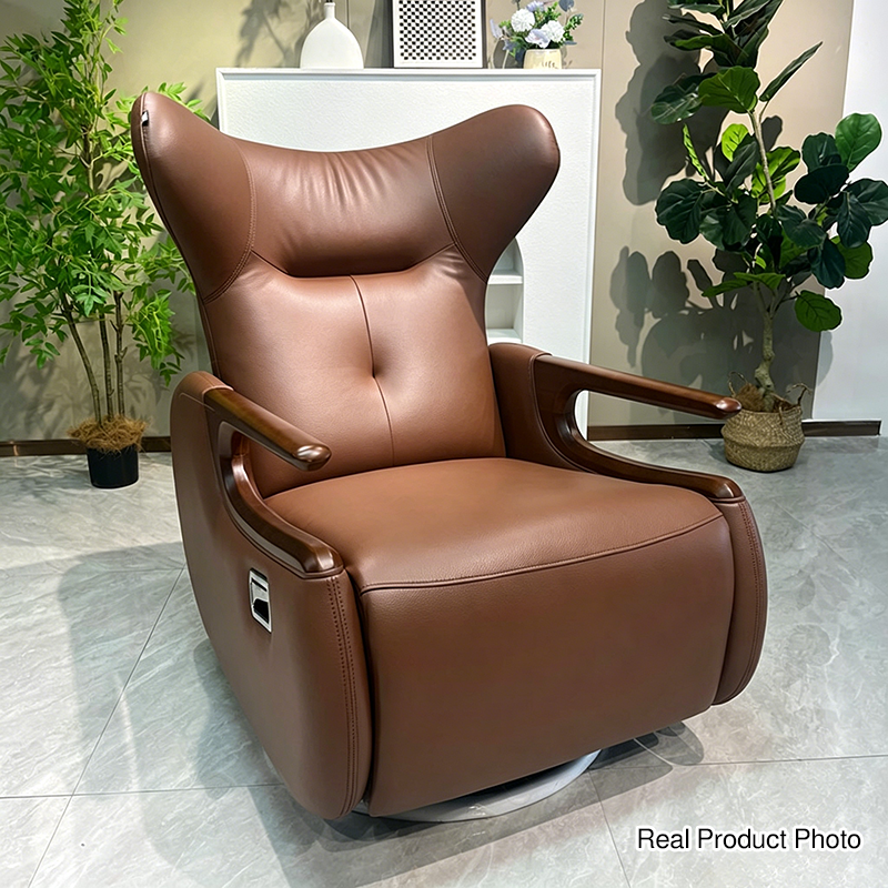 Retro Eco Leather & Solid Wood Metal Swivel Recliner Lounge Chair - Adjustable Rocking Accent Chair With Oak Armrests And Footrests