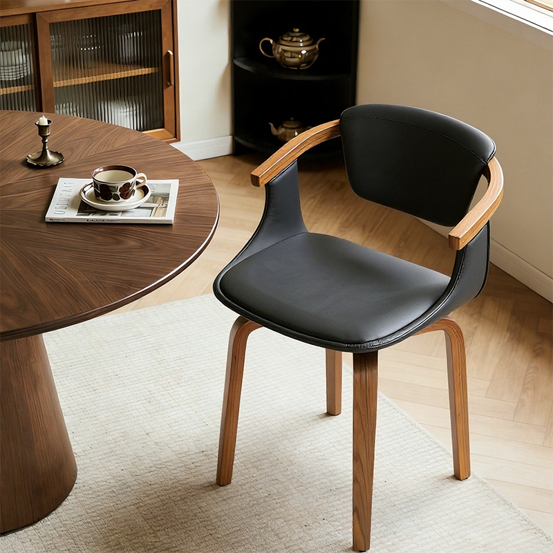 Modern Minimalist Solid Wood & Plywood Faux Leather Swivel Ergonomic Upholstered Dining Chair With Armrests For Dining Room & Home Office