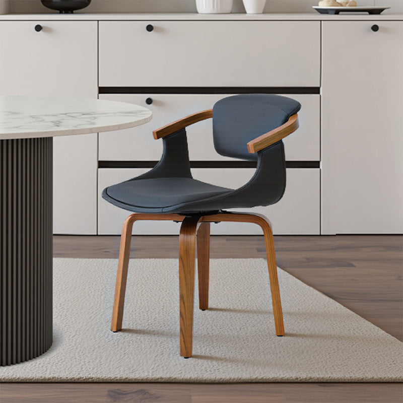 Modern Minimalist Solid Wood & Plywood Faux Leather Swivel Ergonomic Upholstered Dining Chair With Armrests For Dining Room & Home Office