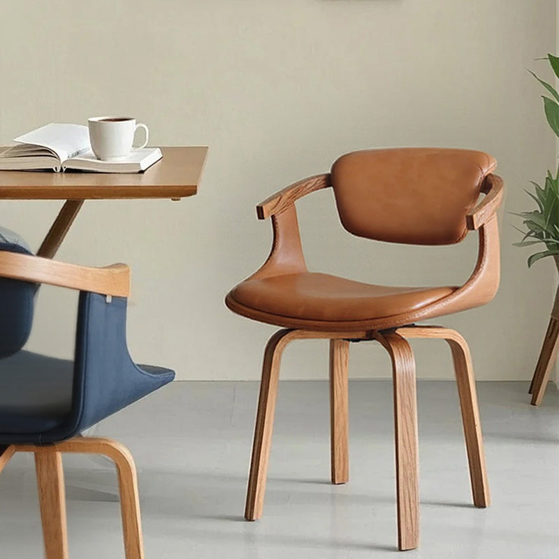 Modern Minimalist Solid Wood & Plywood Faux Leather Swivel Ergonomic Upholstered Dining Chair With Armrests For Dining Room & Home Office