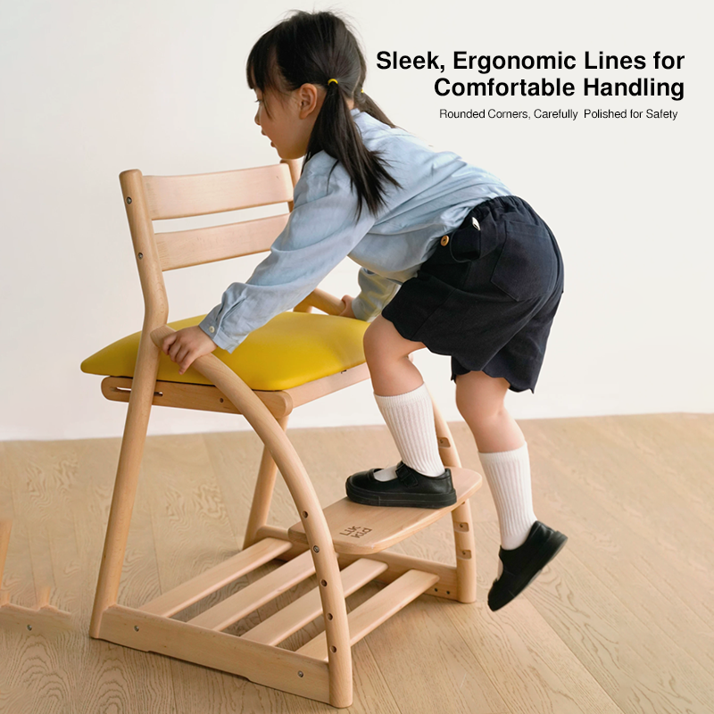 Modern Minimalist Solid Beech Wood Kids Study Chair - Adjustable Height Ergonomic Learning Chair With Footrest & Hidden Gravity Wheels