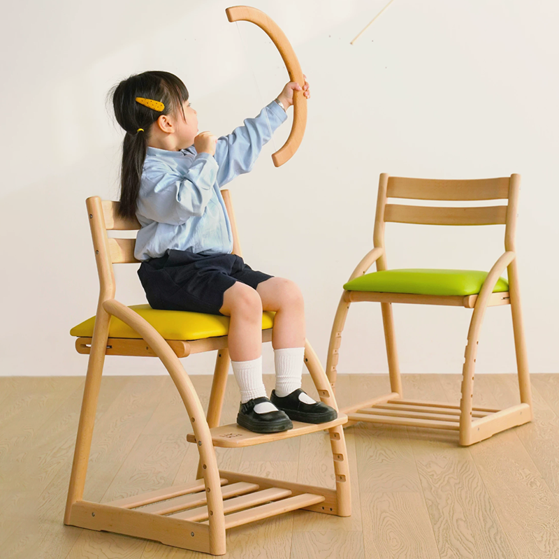 Modern Minimalist Solid Beech Wood Kids Study Chair - Adjustable Height Ergonomic Learning Chair With Footrest & Hidden Gravity Wheels