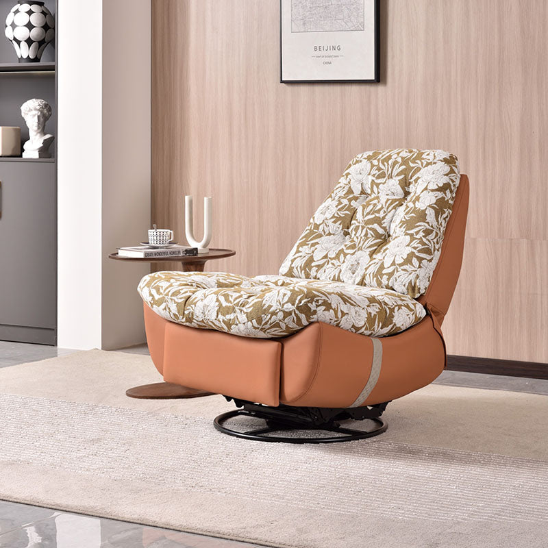 Retro Solid Wood & Metal Swivel Lounge Chair - Cotton Linen Floral Accent Recliner With Eco Leather Base & 360° Rotation