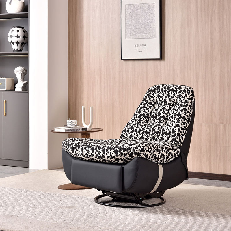 Retro Solid Wood & Metal Swivel Lounge Chair - Cotton Linen Floral Accent Recliner With Eco Leather Base & 360° Rotation