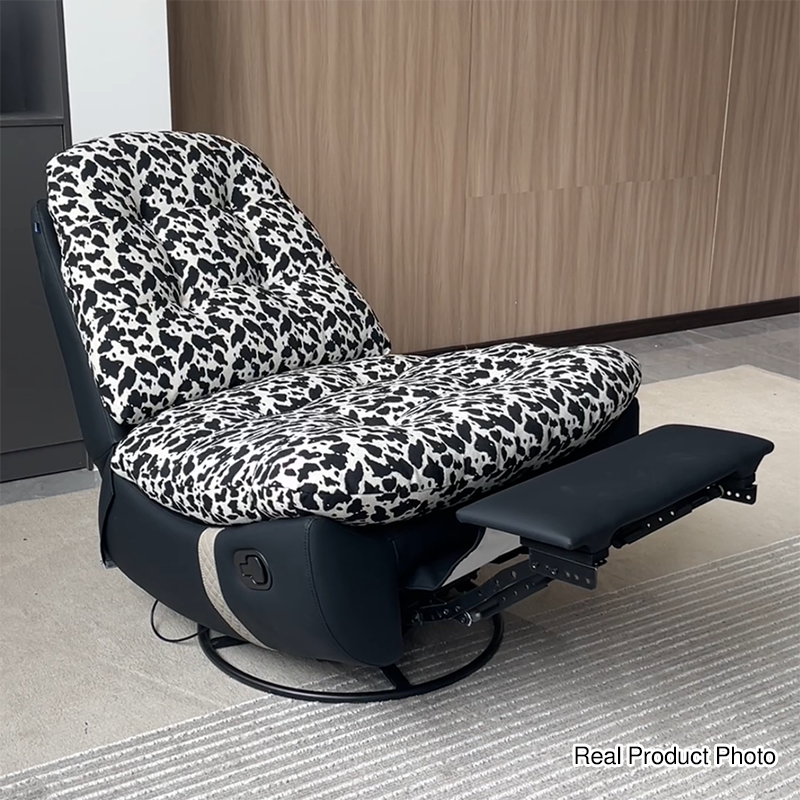 Retro Solid Wood & Metal Swivel Lounge Chair - Cotton Linen Floral Accent Recliner With Eco Leather Base & 360° Rotation