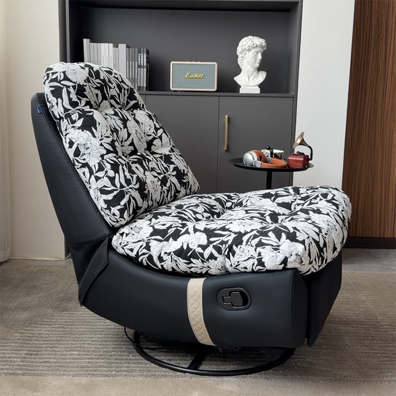 Retro Solid Wood & Metal Swivel Lounge Chair - Cotton Linen Floral Accent Recliner With Eco Leather Base & 360° Rotation