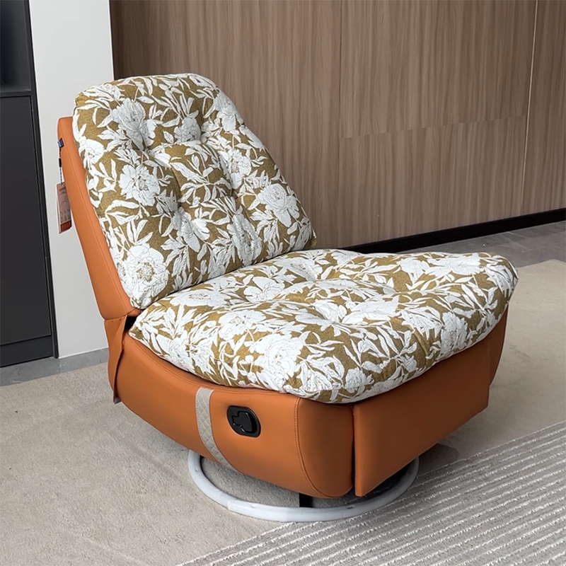 Retro Solid Wood & Metal Swivel Lounge Chair - Cotton Linen Floral Accent Recliner With Eco Leather Base & 360° Rotation