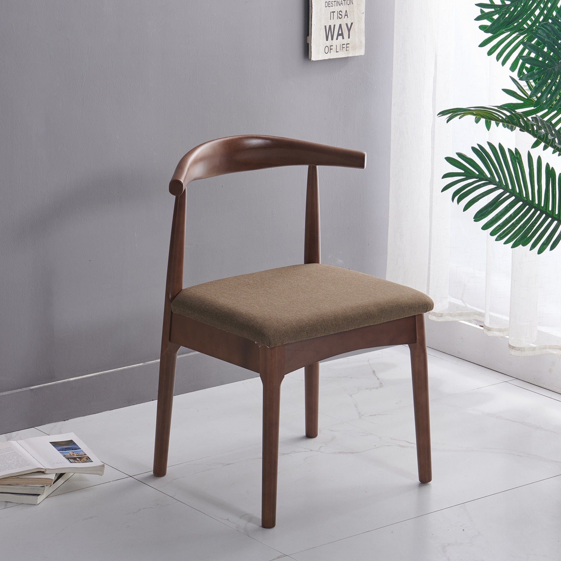 Contemporary Nordic Solid Rubberwood & Plywood Faux Leather Horn Dining Chair With Backrest For Dining Room & Living Room