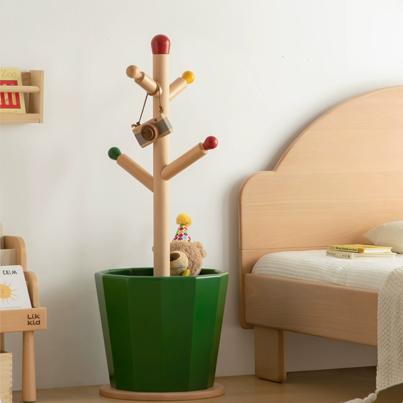 Contemporary Creative Solid Beech Wood Kids Coat Rack - Adjustable Height Children’s Floor Standing Clothes & Backpack Organizer Hall Tree For Bedroom