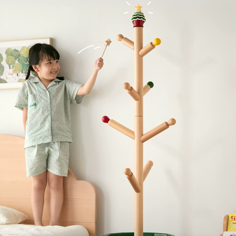 Contemporary Creative Solid Beech Wood Kids Coat Rack - Adjustable Height Children’s Floor Standing Clothes & Backpack Organizer Hall Tree For Bedroom