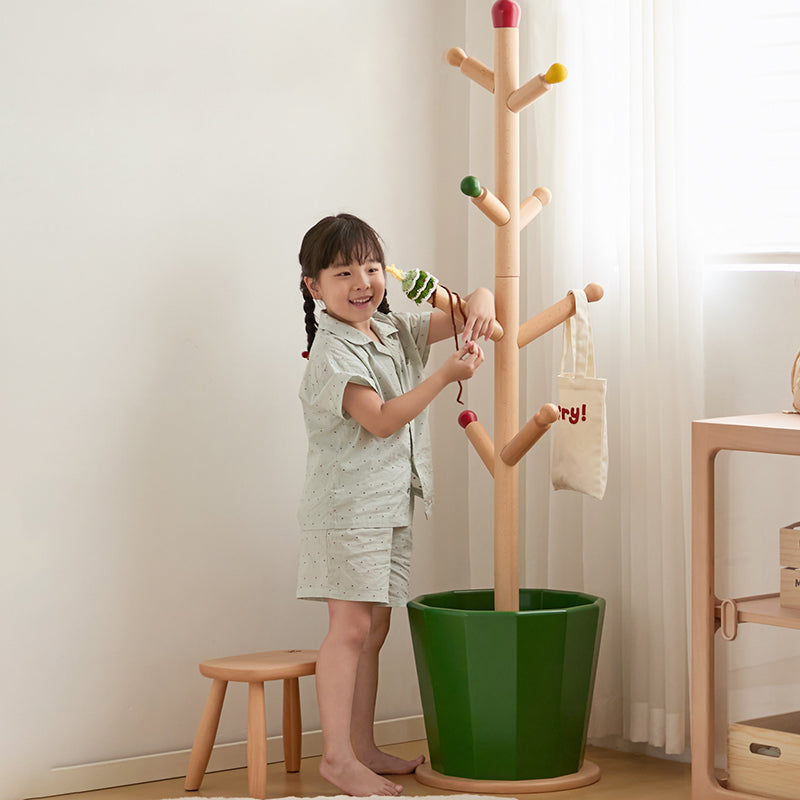 Contemporary Creative Solid Beech Wood Kids Coat Rack - Adjustable Height Children’s Floor Standing Clothes & Backpack Organizer Hall Tree For Bedroom