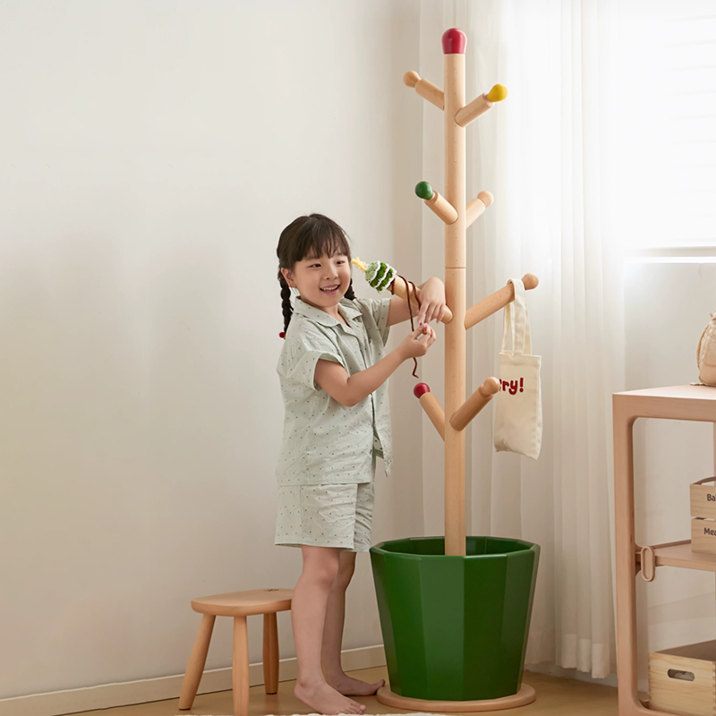 Contemporary Creative Solid Beech Wood Kids Coat Rack - Adjustable Height Children’s Floor Standing Clothes & Backpack Organizer Hall Tree For Bedroom