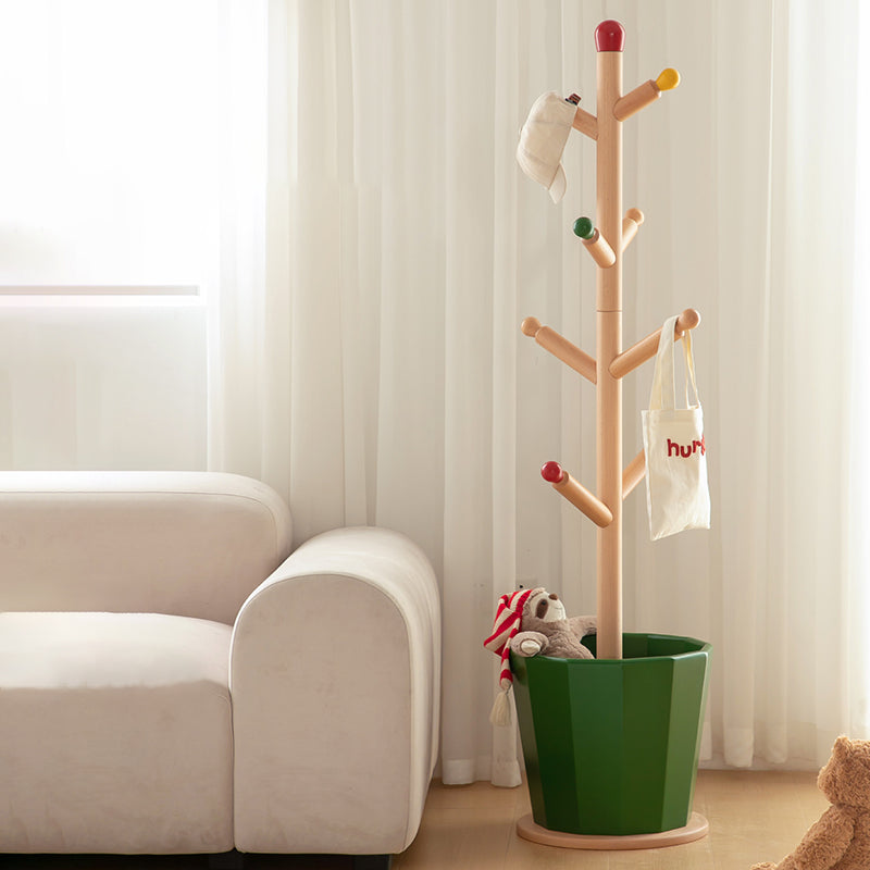 Contemporary Creative Solid Beech Wood Kids Coat Rack - Adjustable Height Children’s Floor Standing Clothes & Backpack Organizer Hall Tree For Bedroom