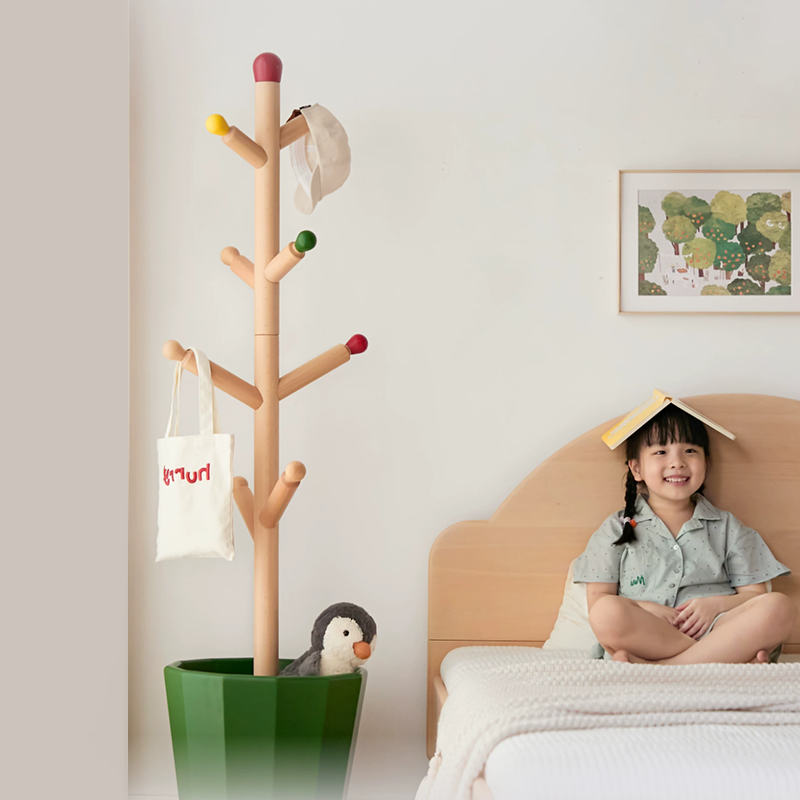 Contemporary Creative Solid Beech Wood Kids Coat Rack - Adjustable Height Children’s Floor Standing Clothes & Backpack Organizer Hall Tree For Bedroom