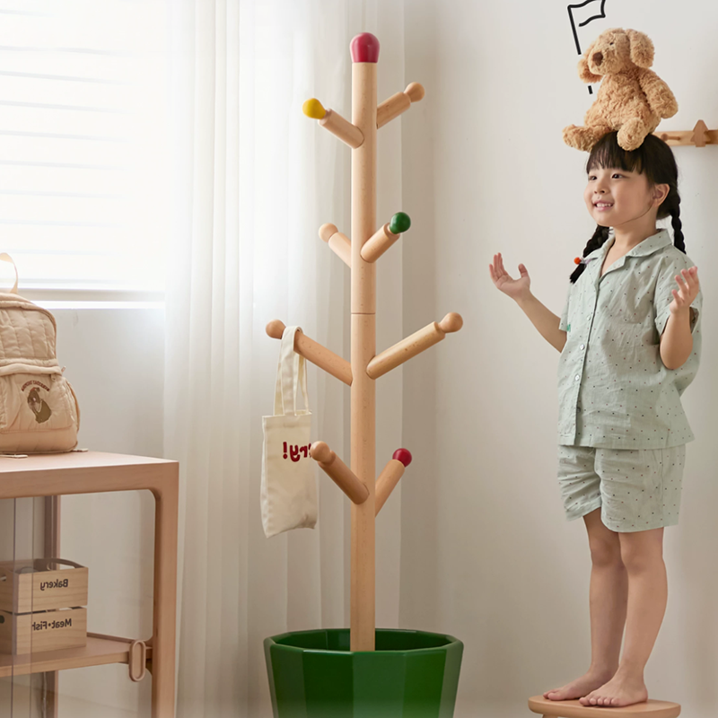 Contemporary Creative Solid Beech Wood Kids Coat Rack - Adjustable Height Children’s Floor Standing Clothes & Backpack Organizer Hall Tree For Bedroom