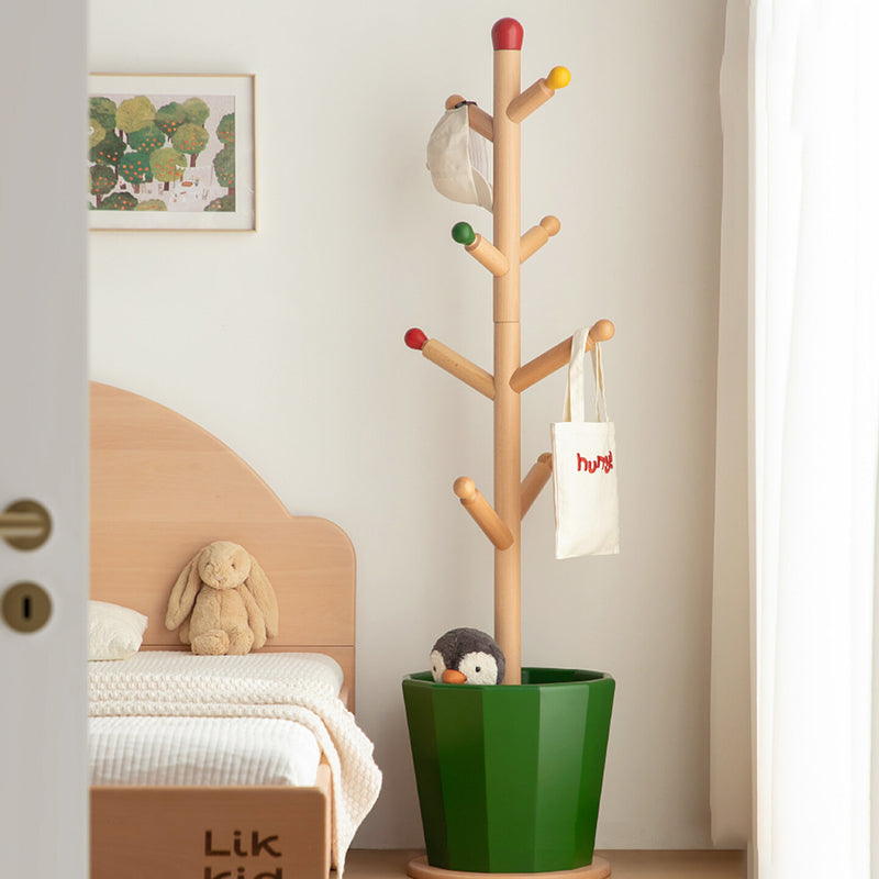 Contemporary Creative Solid Beech Wood Kids Coat Rack - Adjustable Height Children’s Floor Standing Clothes & Backpack Organizer Hall Tree For Bedroom