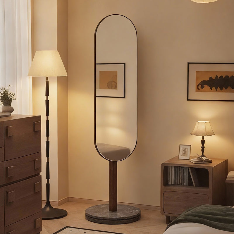 Modern Luxury Rubber Wood Marble MDF Oval Rotating Full-Length Floor Mirror For Bedroom