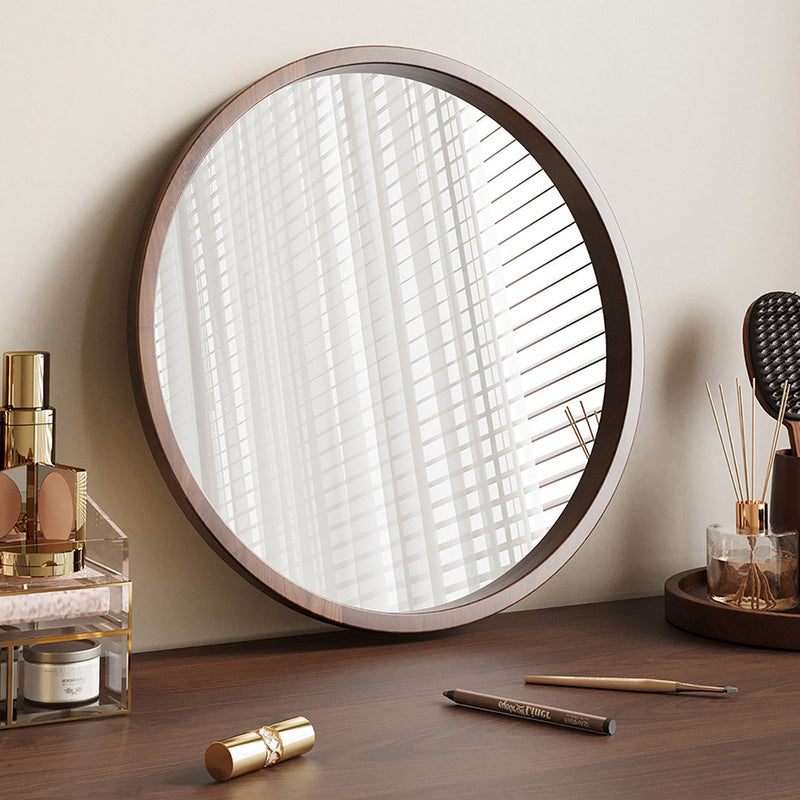 Modern Minimalist Rubber Wood Round HD Makeup Mirror For Bedroom & Bathroom Wall Mounted Or Leaning