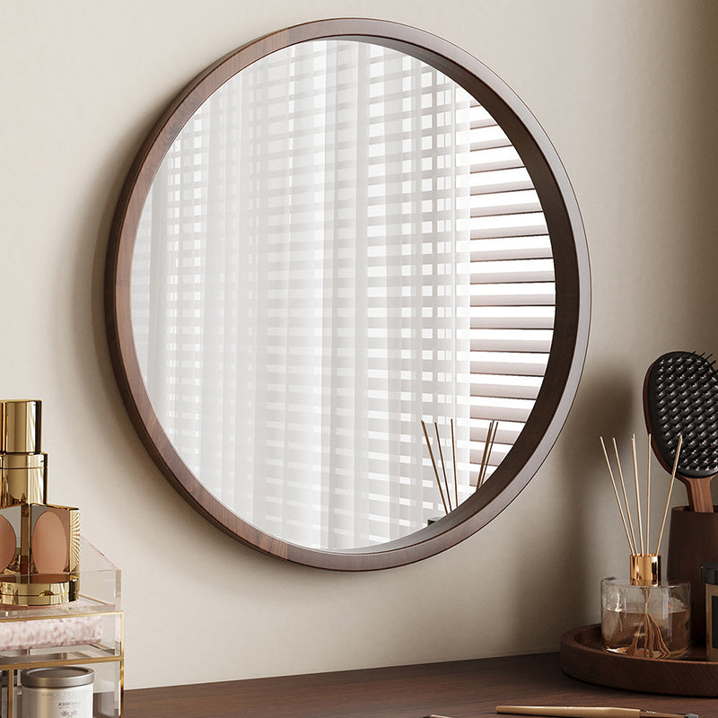 Modern Minimalist Rubber Wood Round HD Makeup Mirror For Bedroom & Bathroom Wall Mounted Or Leaning