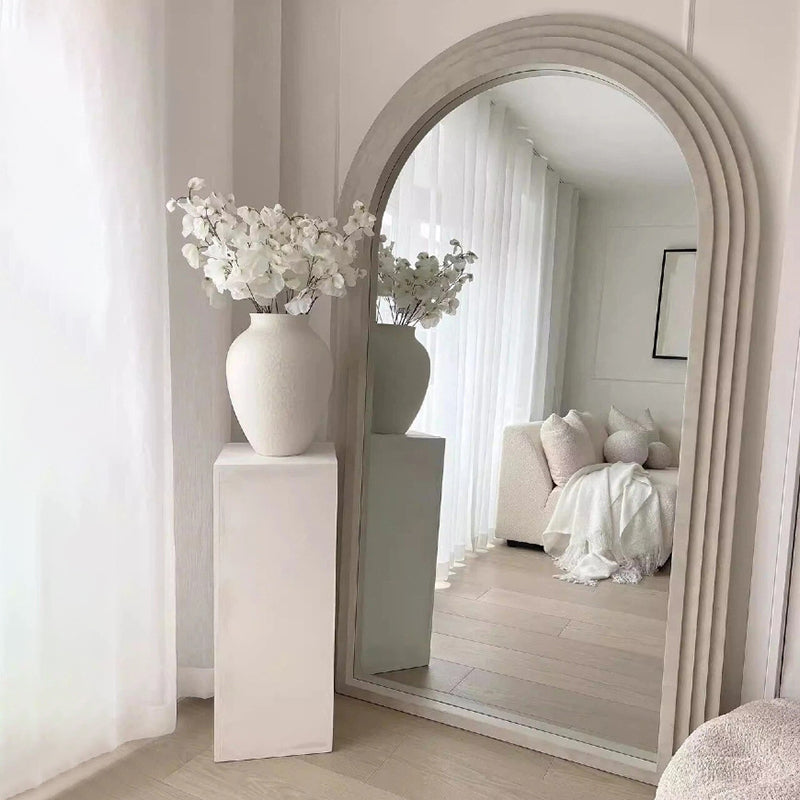Contemporary Retro Solid Wood & MDF Arched Leaning Full-Length Mirror For Bedroom & Living Room Elegant Floor Mirror