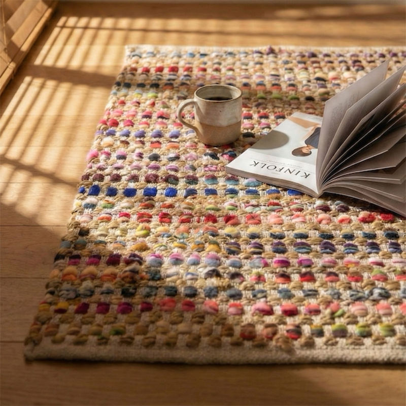 Contemporary Creative Jute Cotton Rectangular Handwoven Area Rug Reversible Durable For Living Room Bedroom Home Office