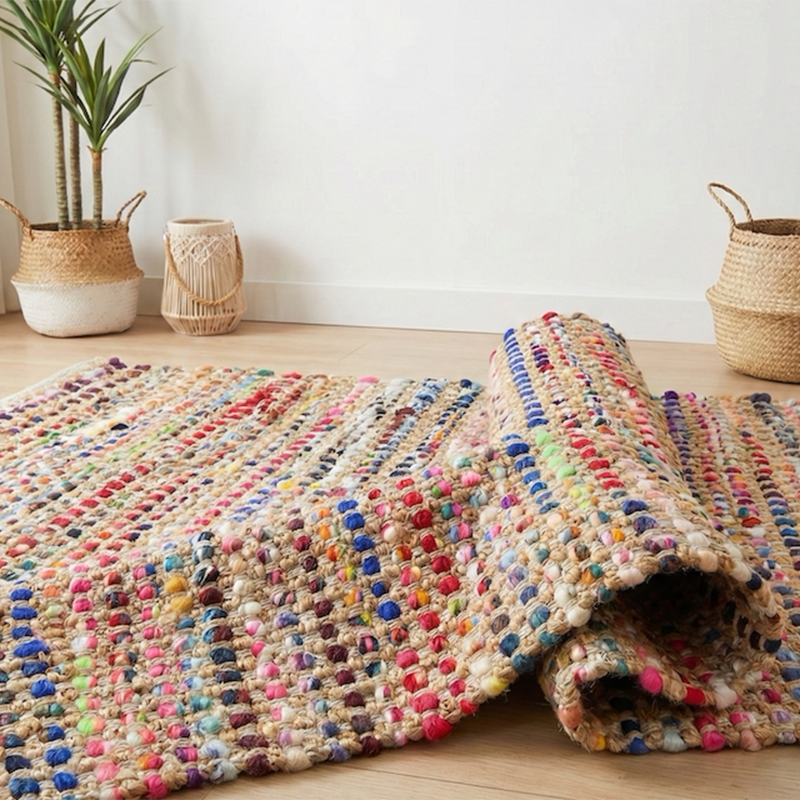 Contemporary Creative Jute Cotton Rectangular Handwoven Area Rug Reversible Durable For Living Room Bedroom Home Office