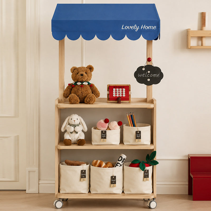 Contemporary Retro Solid Beech Wood & Plywood Canvas Ceramics Montessori Toy Storage Shelf - Convertible Double-Sided Kids Bookshelf & Play Market Organizer With Wheels