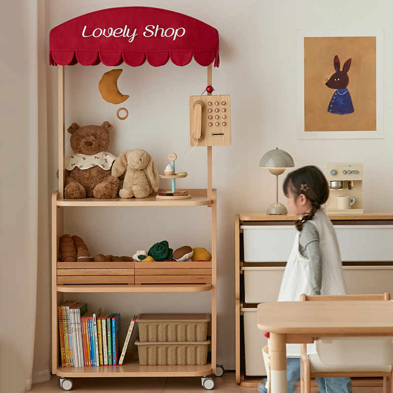 Contemporary Retro Solid Beech Wood & Plywood Canvas Ceramics Montessori Toy Storage Shelf - Convertible Double-Sided Kids Bookshelf & Play Market Organizer With Wheels