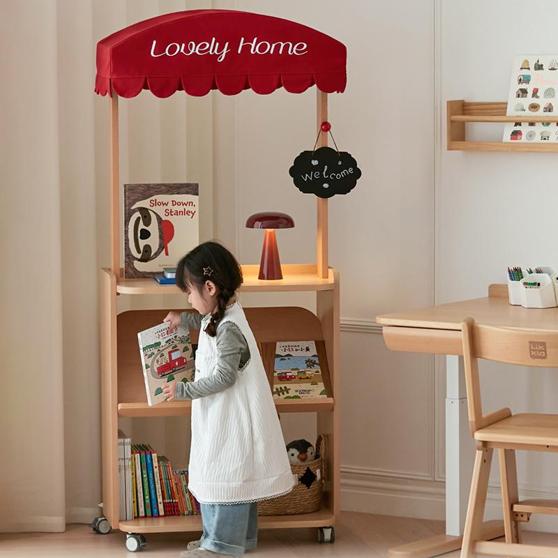 Contemporary Retro Solid Beech Wood & Plywood Canvas Ceramics Montessori Toy Storage Shelf - Convertible Double-Sided Kids Bookshelf & Play Market Organizer With Wheels