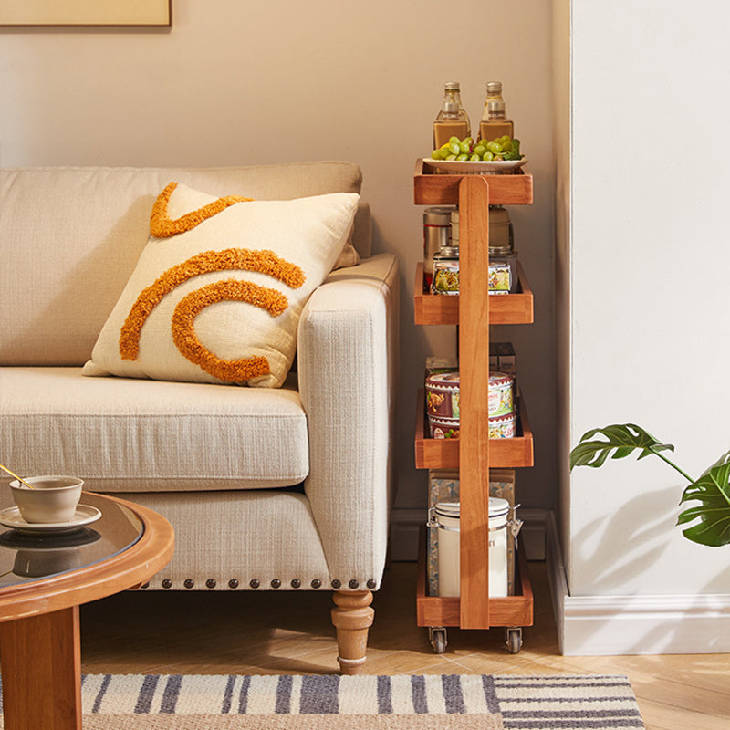 Contemporary Retro Solid Wood Metal Rectangular Narrow Storage Shelf With Wheels 4-Tier For Living Room