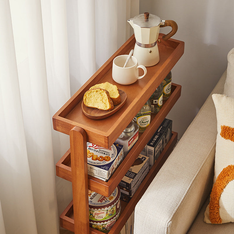 Contemporary Retro Solid Wood Metal Rectangular Narrow Storage Shelf With Wheels 4-Tier For Living Room