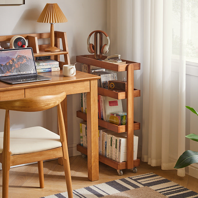 Contemporary Retro Solid Wood Metal Rectangular Narrow Storage Shelf With Wheels 4-Tier For Living Room