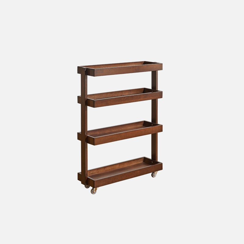 Contemporary Retro Solid Wood Metal Rectangular Narrow Storage Shelf With Wheels 4-Tier For Living Room