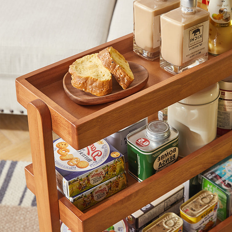 Contemporary Retro Solid Wood Metal Rectangular Narrow Storage Shelf With Wheels 4-Tier For Living Room