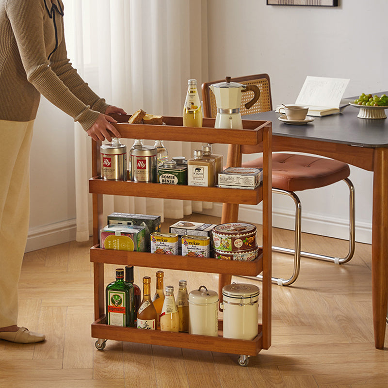 Contemporary Retro Solid Wood Metal Rectangular Narrow Storage Shelf With Wheels 4-Tier For Living Room
