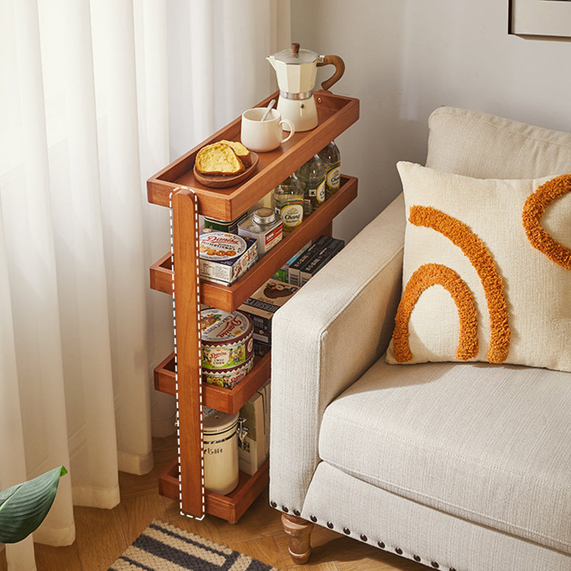 Contemporary Retro Solid Wood Metal Rectangular Narrow Storage Shelf With Wheels 4-Tier For Living Room